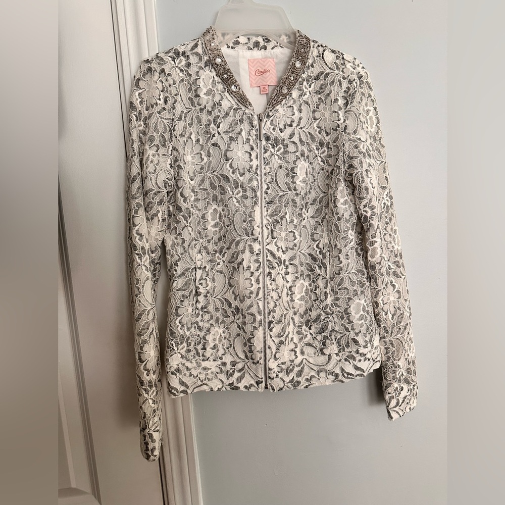 Candie's White & Grey Lace Bomber Jacket with a Beaded Collar